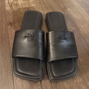 Coach Square Toe Black Leather Slides